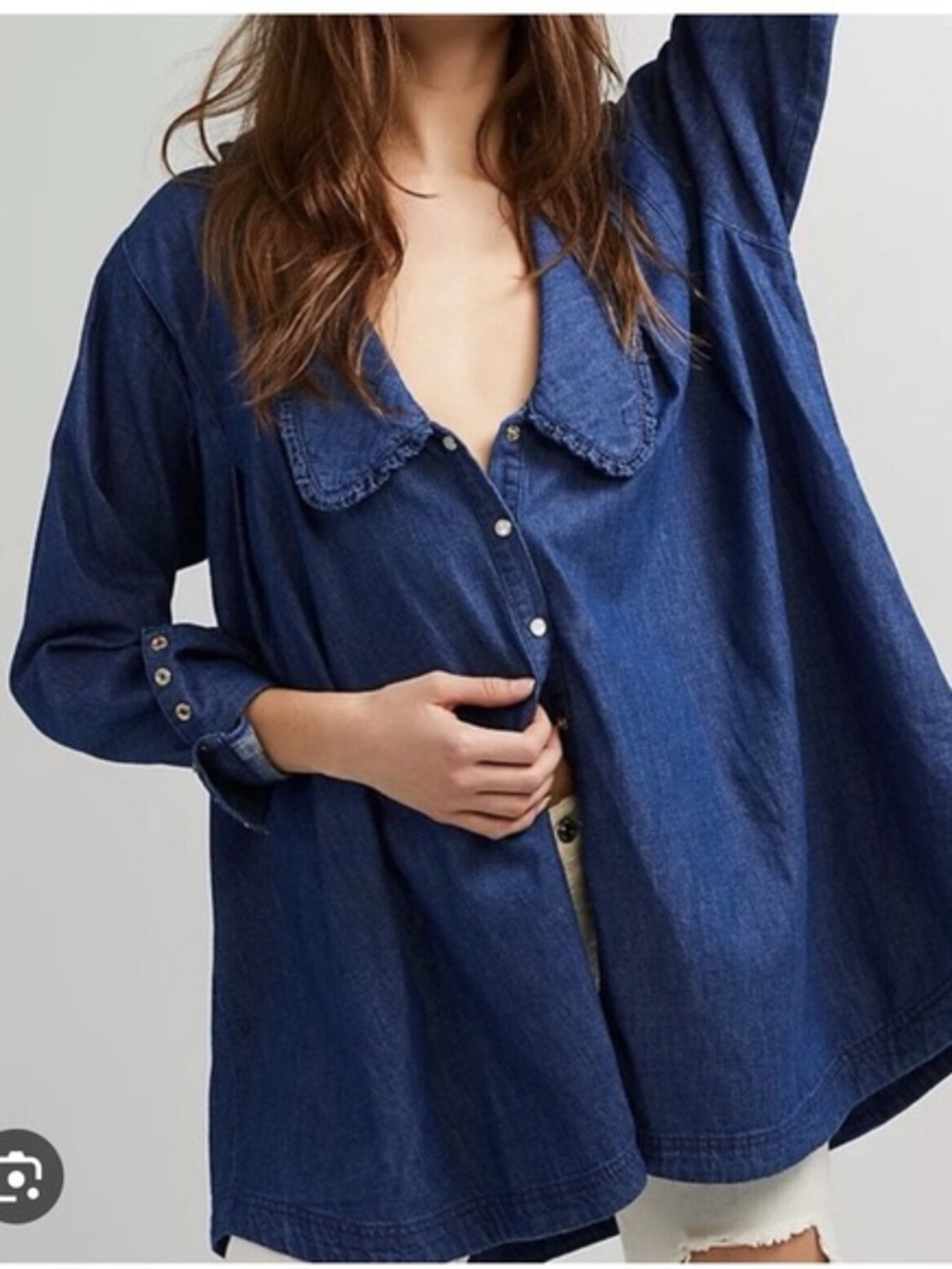 Free People Oversized Denim Button-Up Top - Deep Blue